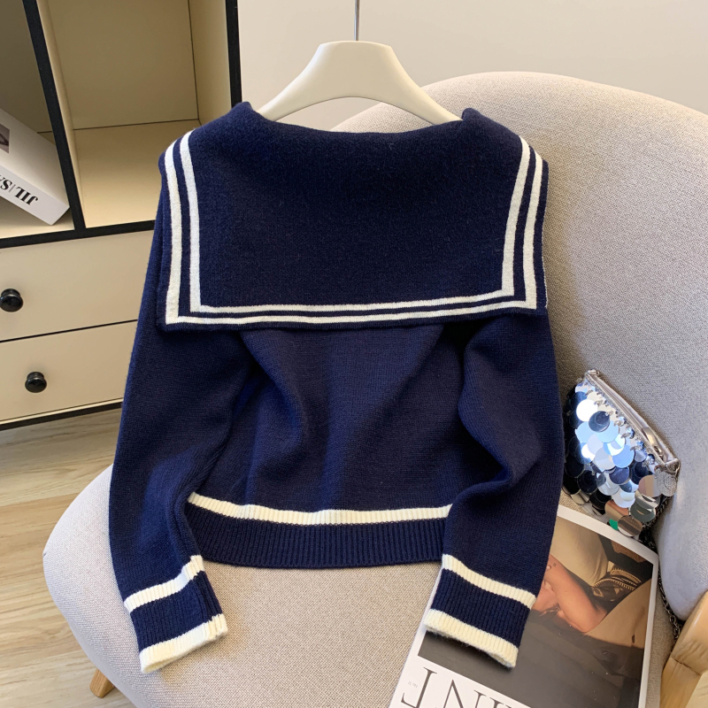 Stripe college style sweater navy collar show young cardigan