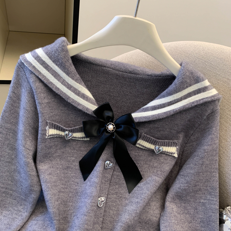 Stripe college style sweater navy collar show young cardigan