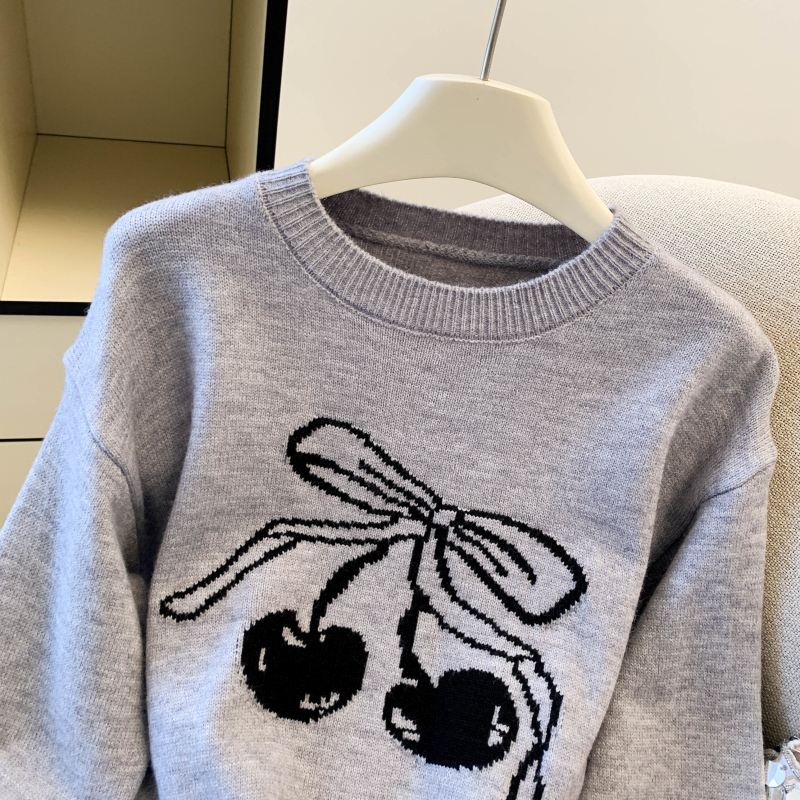 Loose pullover tops cherry round neck sweater for women