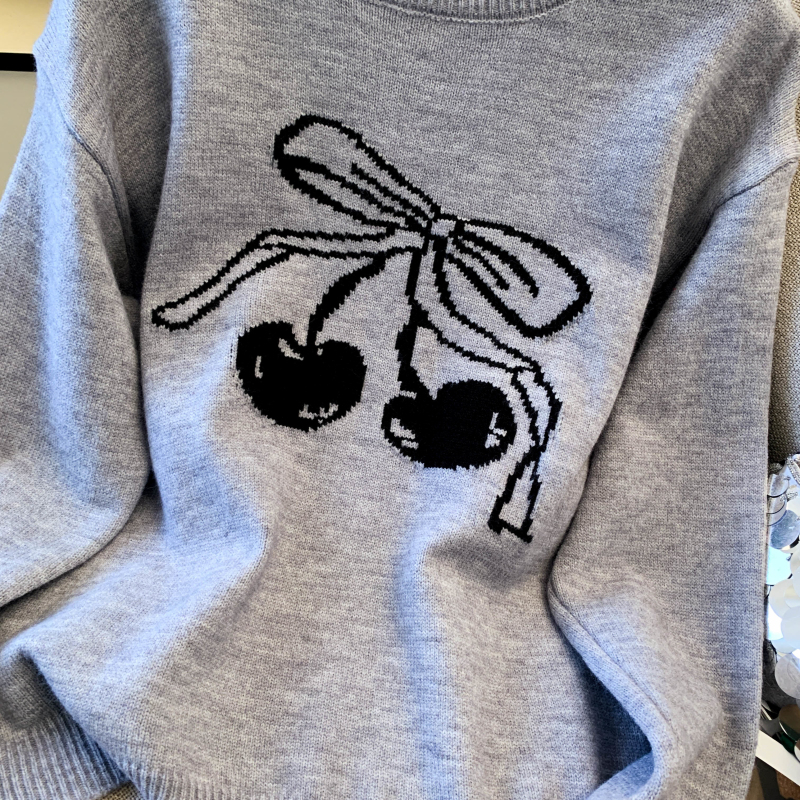 Loose pullover tops cherry round neck sweater for women