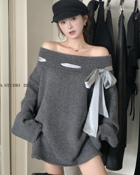 Autumn bandage tops flat shoulder long sleeve sweater