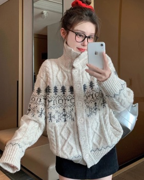 Beige thick cardigan cstand collar coat for women