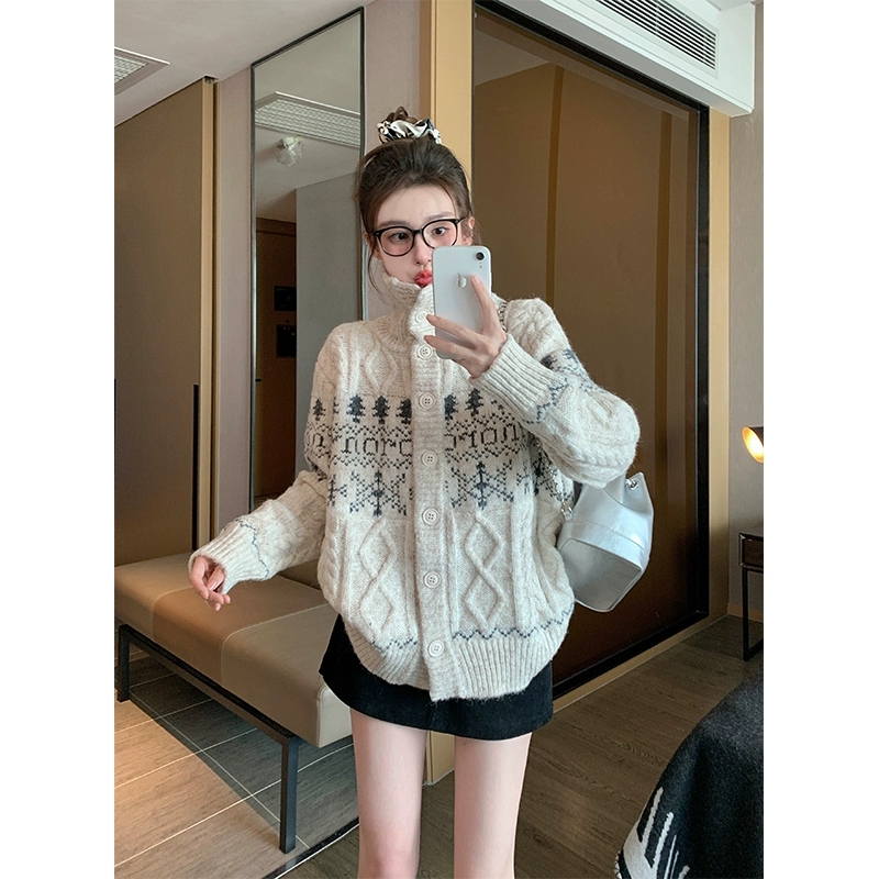 Beige thick cardigan cstand collar coat for women