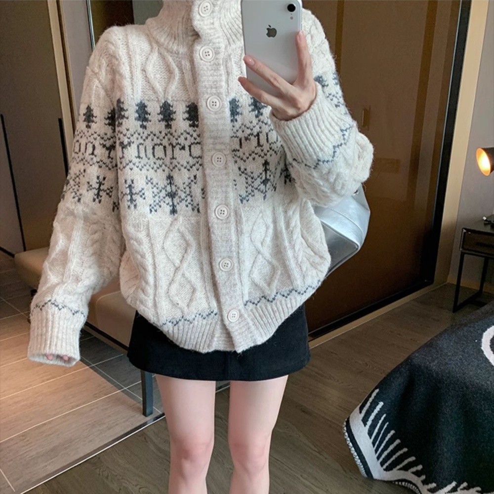 Beige thick cardigan cstand collar coat for women