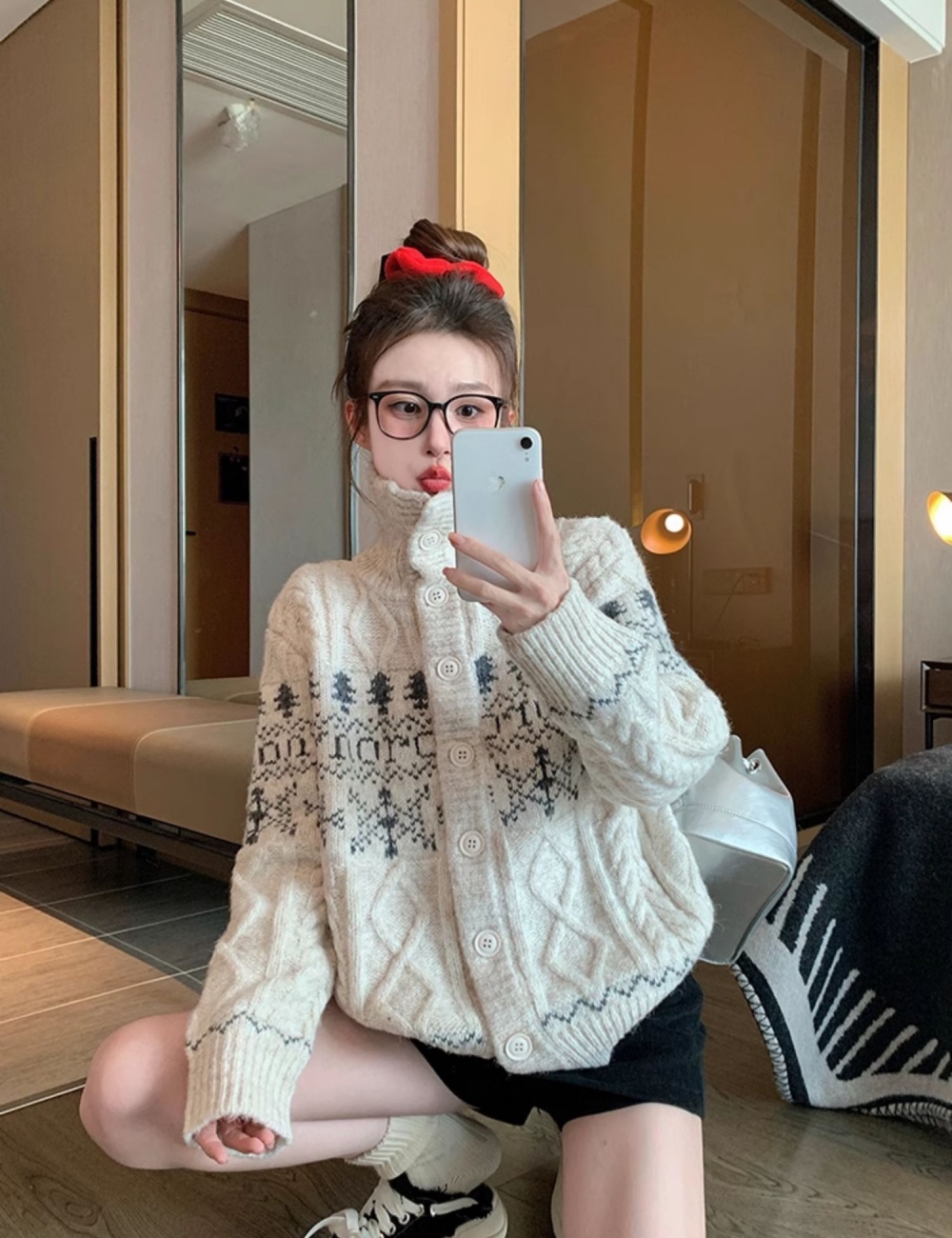 Beige thick cardigan cstand collar coat for women