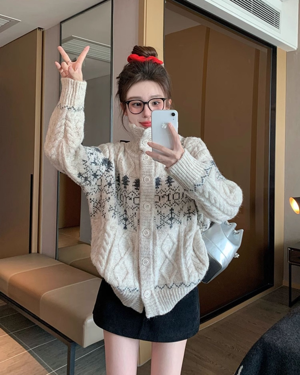 Beige thick cardigan cstand collar coat for women