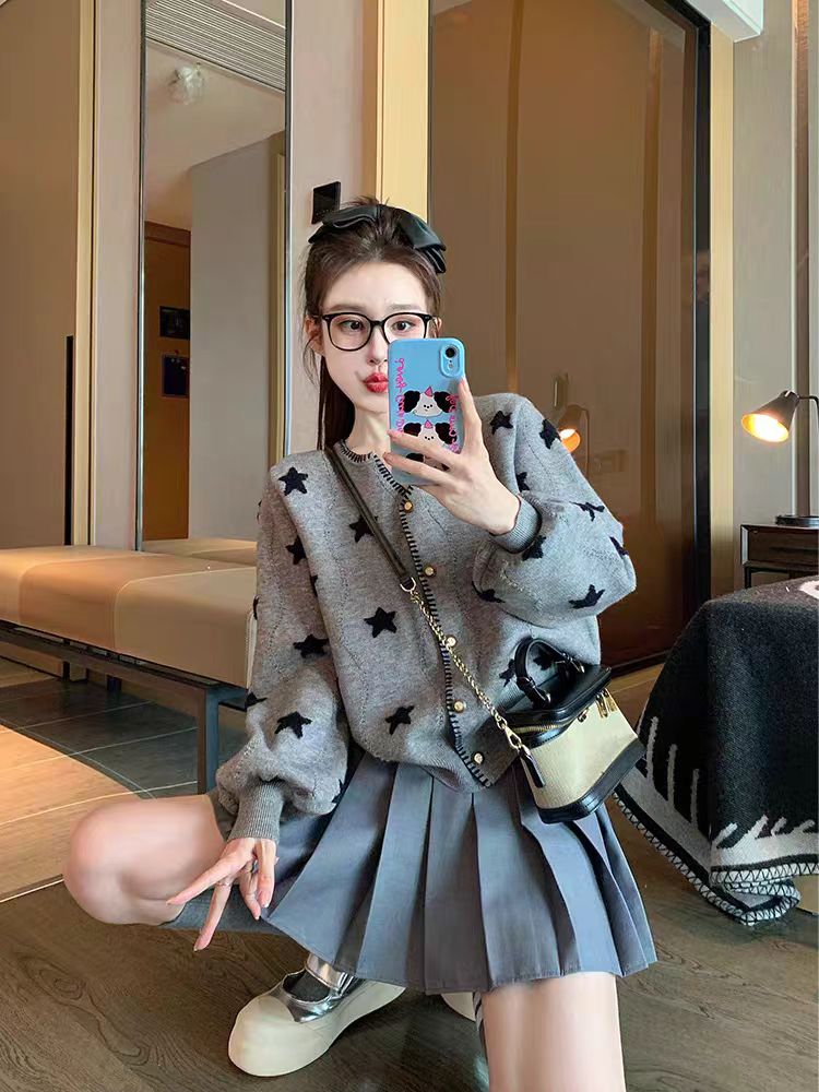 Gray lazy thick coat retro autumn and winter cardigan for women