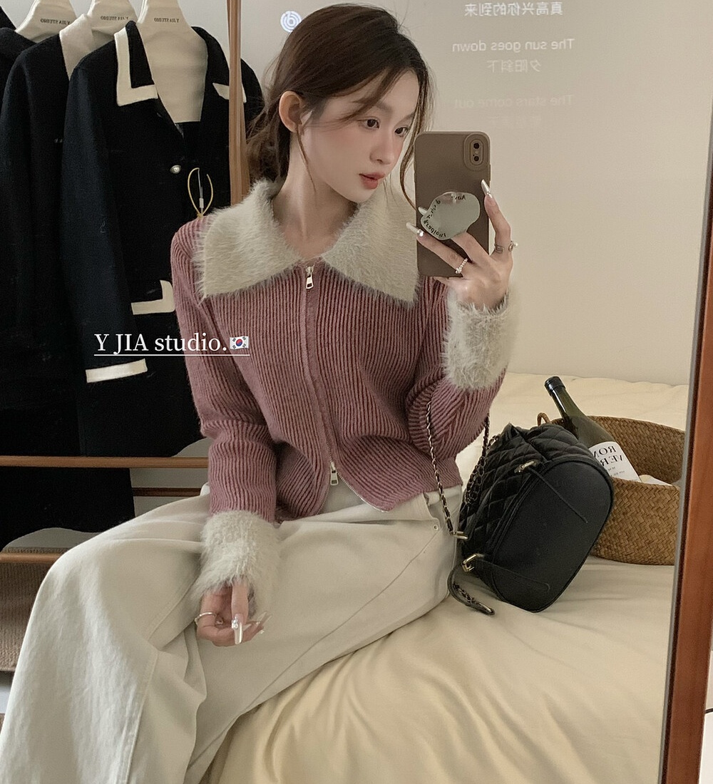 Autumn and winter knitted sweater double zip splice coat