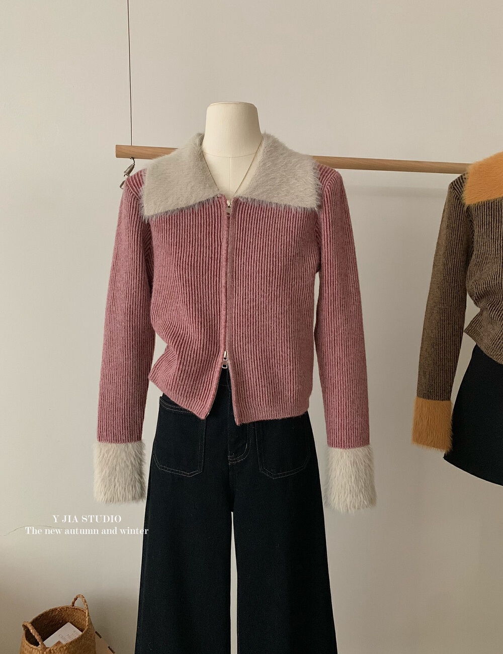 Autumn and winter knitted sweater double zip splice coat