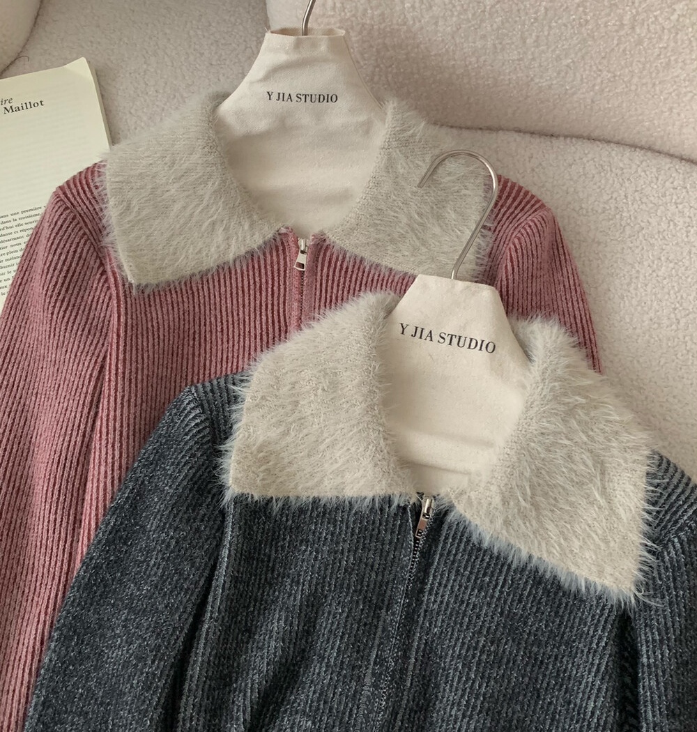 Autumn and winter knitted sweater double zip splice coat