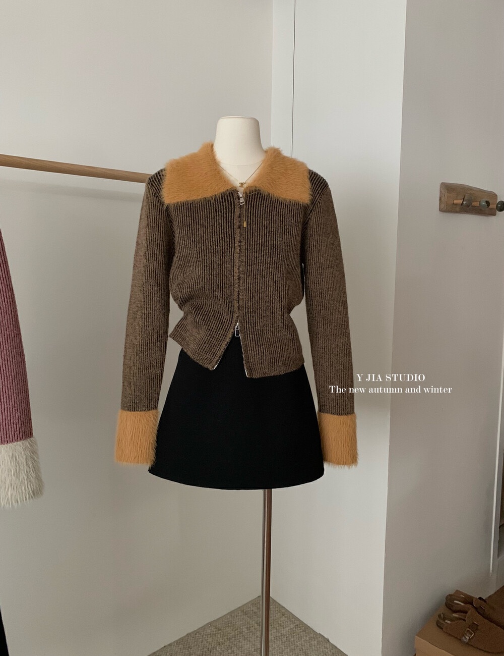 Autumn and winter knitted sweater double zip splice coat