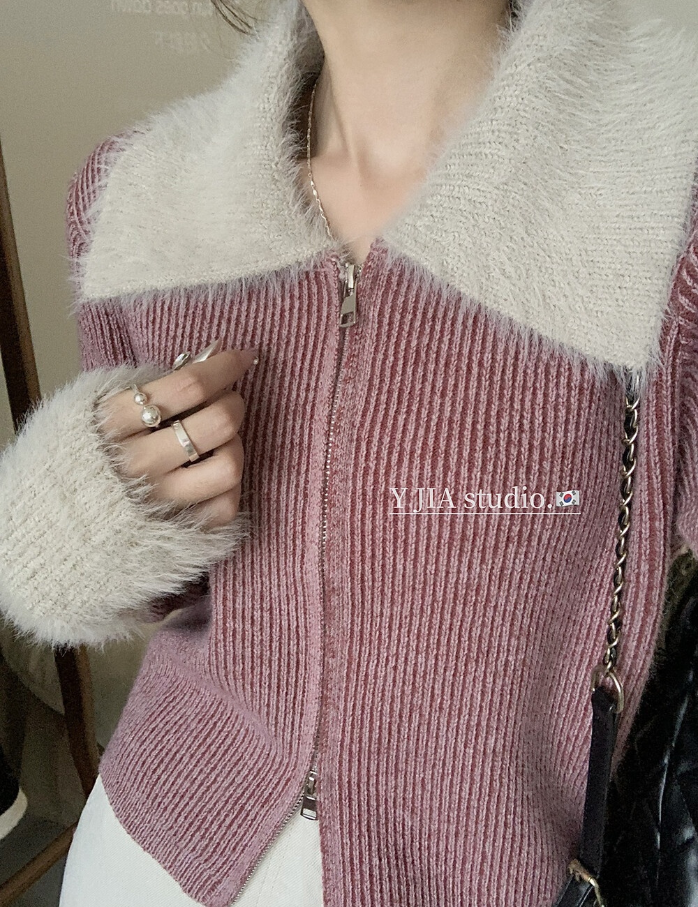 Autumn and winter knitted sweater double zip splice coat