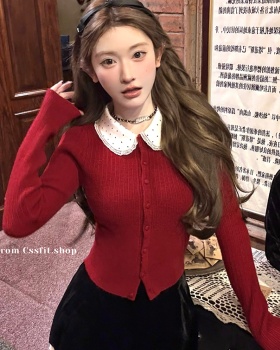 Lapel christmas knitted cardigan lace polka dot tops