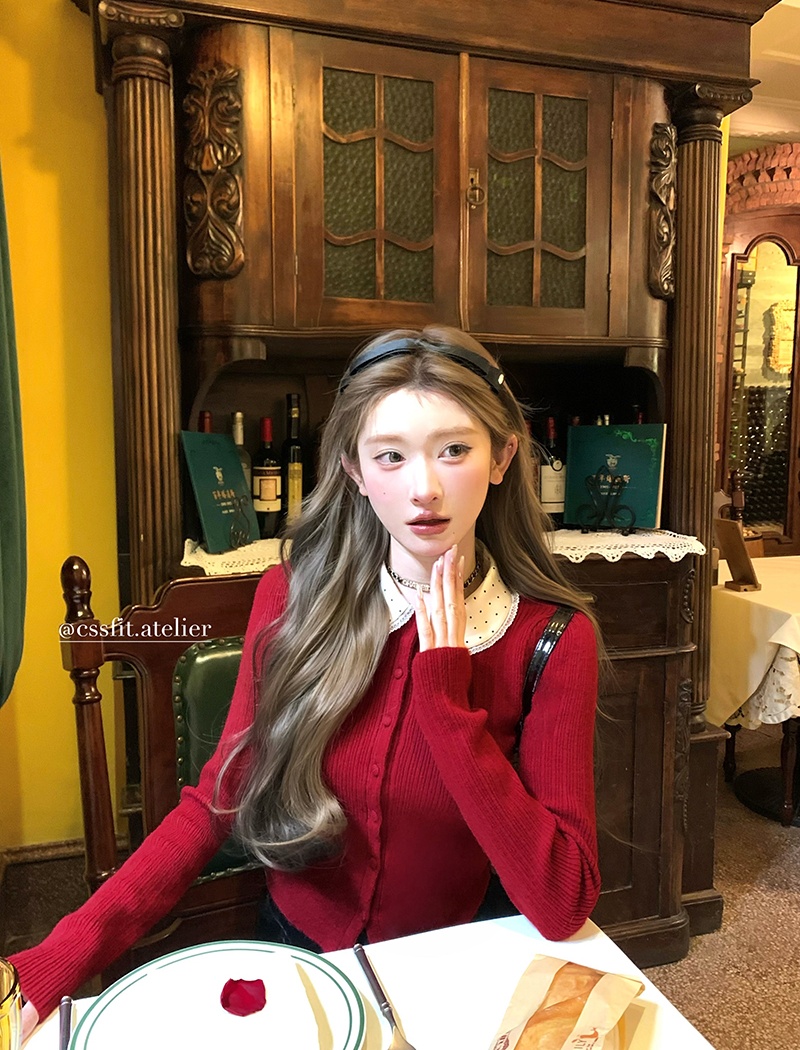 Lapel christmas knitted cardigan lace polka dot tops