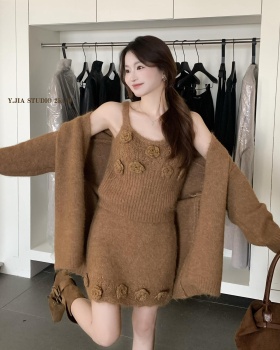 Stereoscopic show young cardigan high waist vest 3pcs set