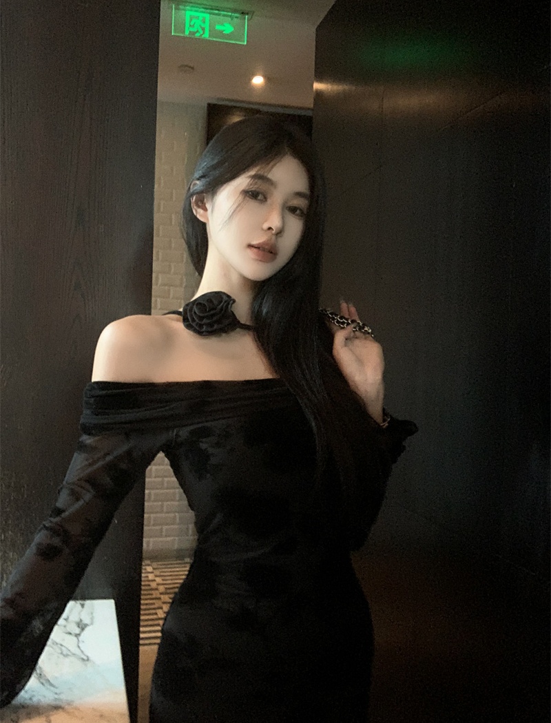 Split dress flat shoulder long dress for women