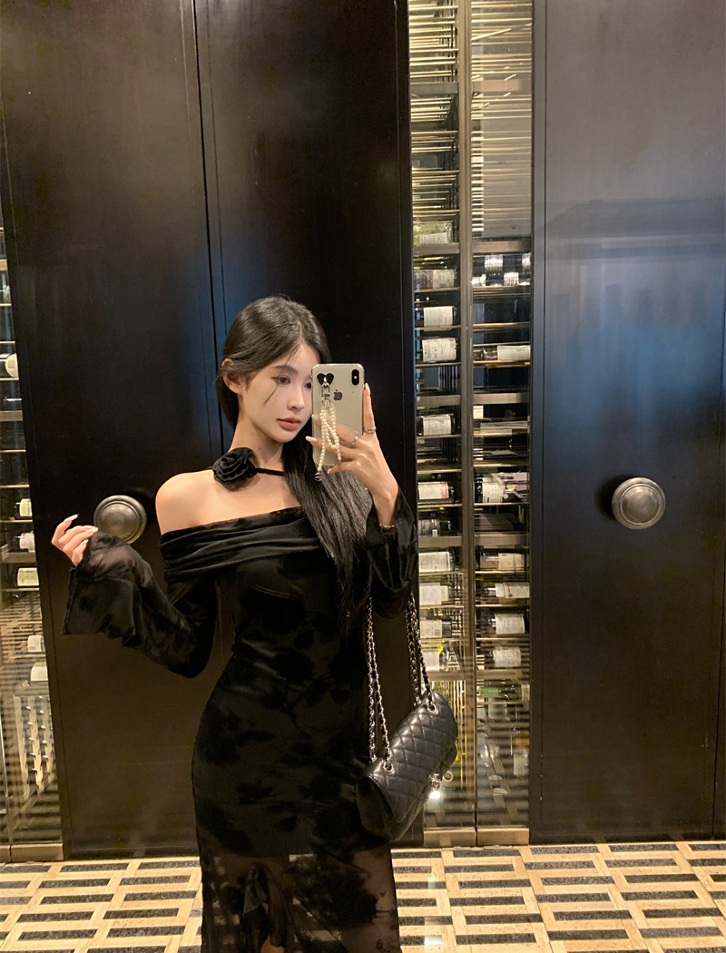 Split dress flat shoulder long dress for women