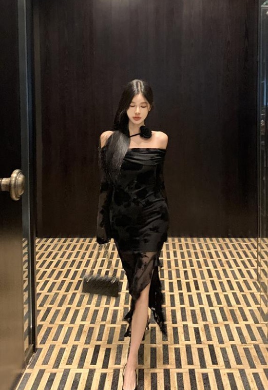 Split dress flat shoulder long dress for women