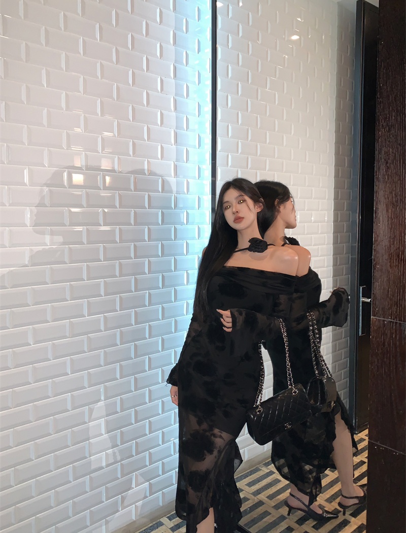 Split dress flat shoulder long dress for women