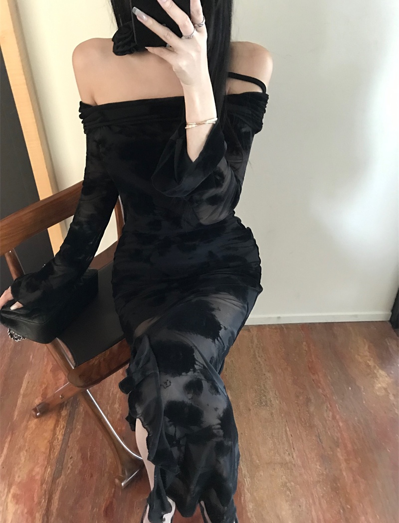 Split dress flat shoulder long dress for women