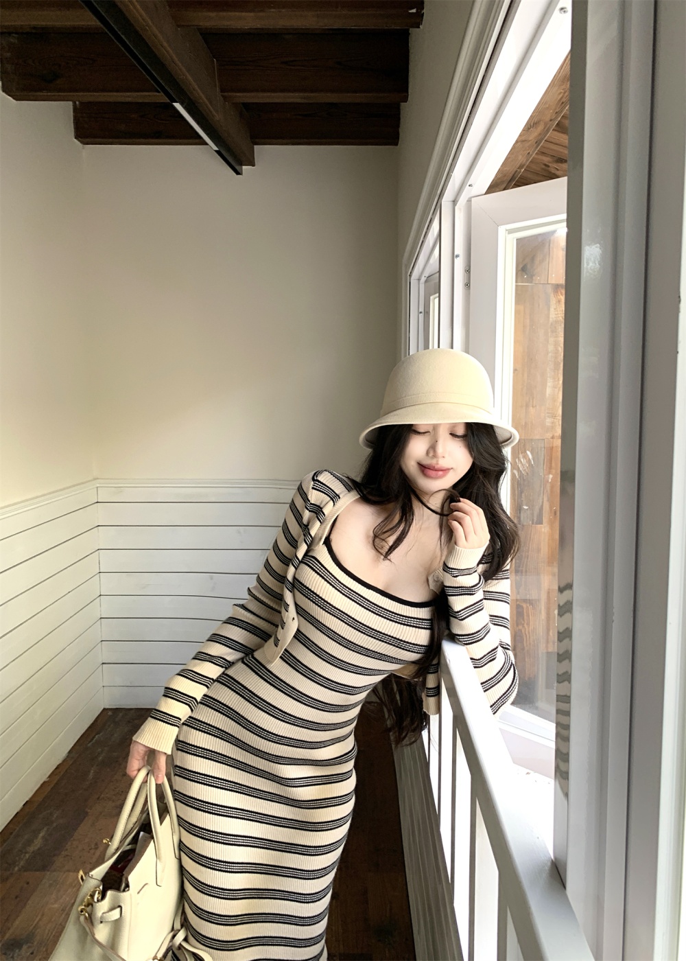 Stripe cardigan strap dress 2pcs set for women