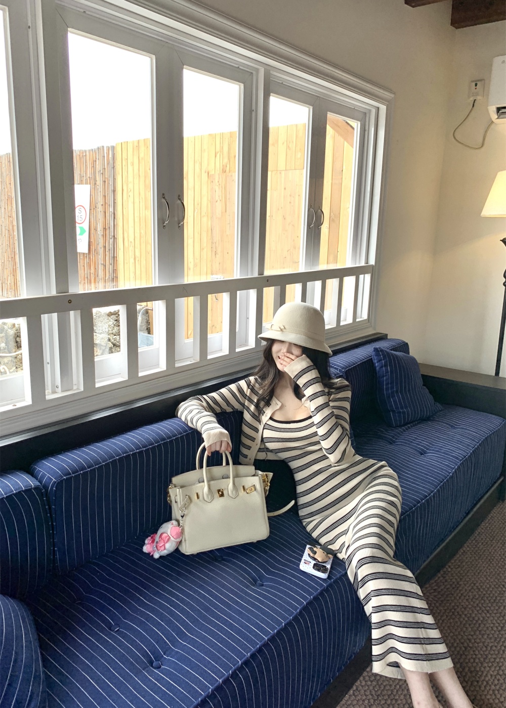 Stripe cardigan strap dress 2pcs set for women