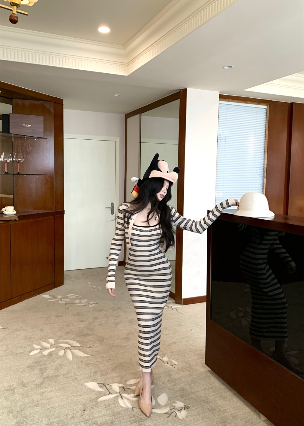 Stripe cardigan strap dress 2pcs set for women