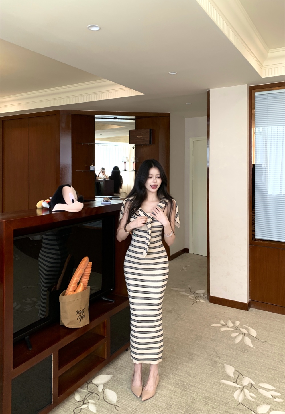 Stripe cardigan strap dress 2pcs set for women