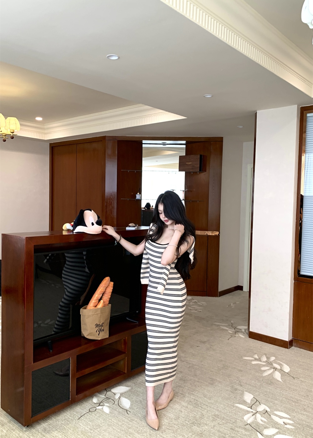 Stripe cardigan strap dress 2pcs set for women