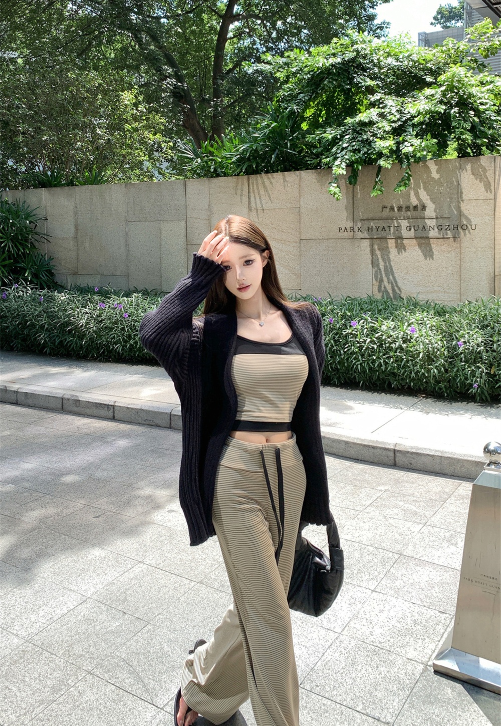 Stripe long pants drape thick coat 3pcs set for women