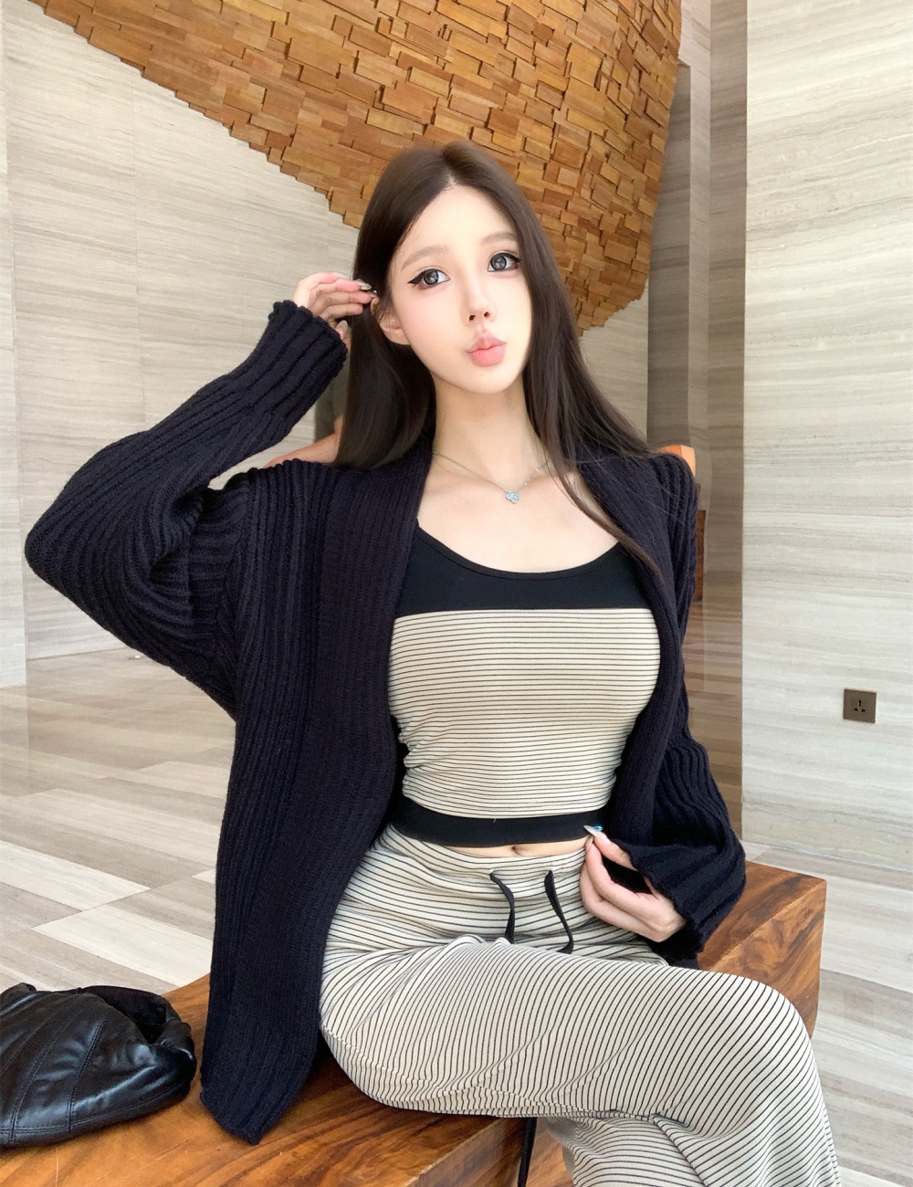 Stripe long pants drape thick coat 3pcs set for women