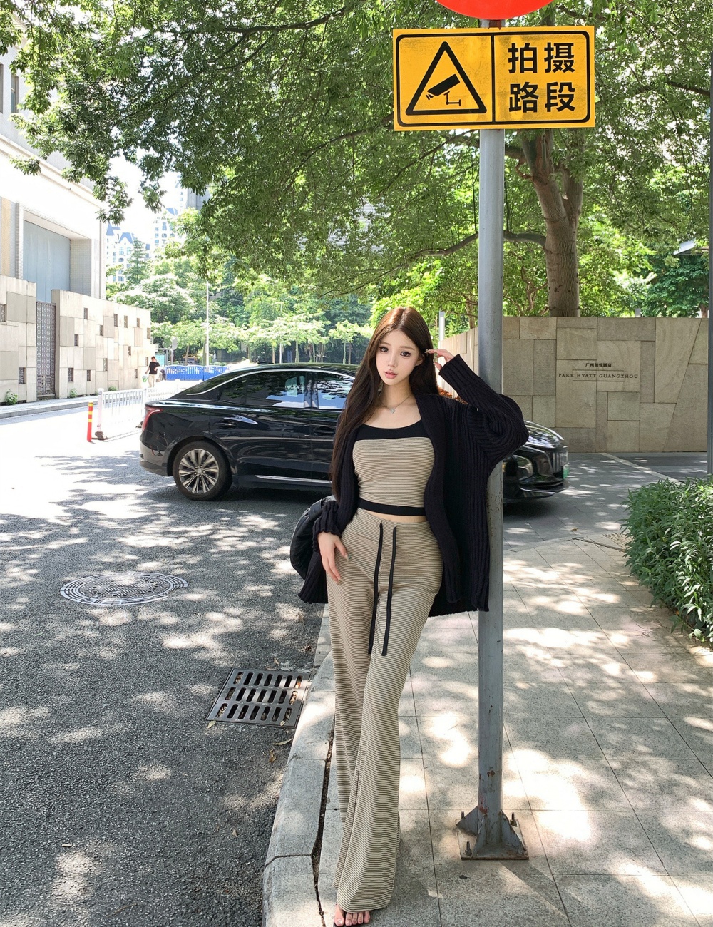 Stripe long pants drape thick coat 3pcs set for women