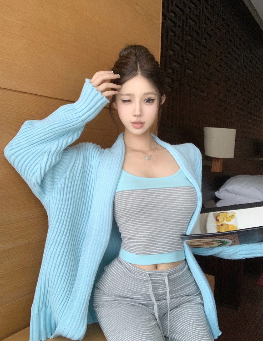 Stripe long pants drape thick coat 3pcs set for women