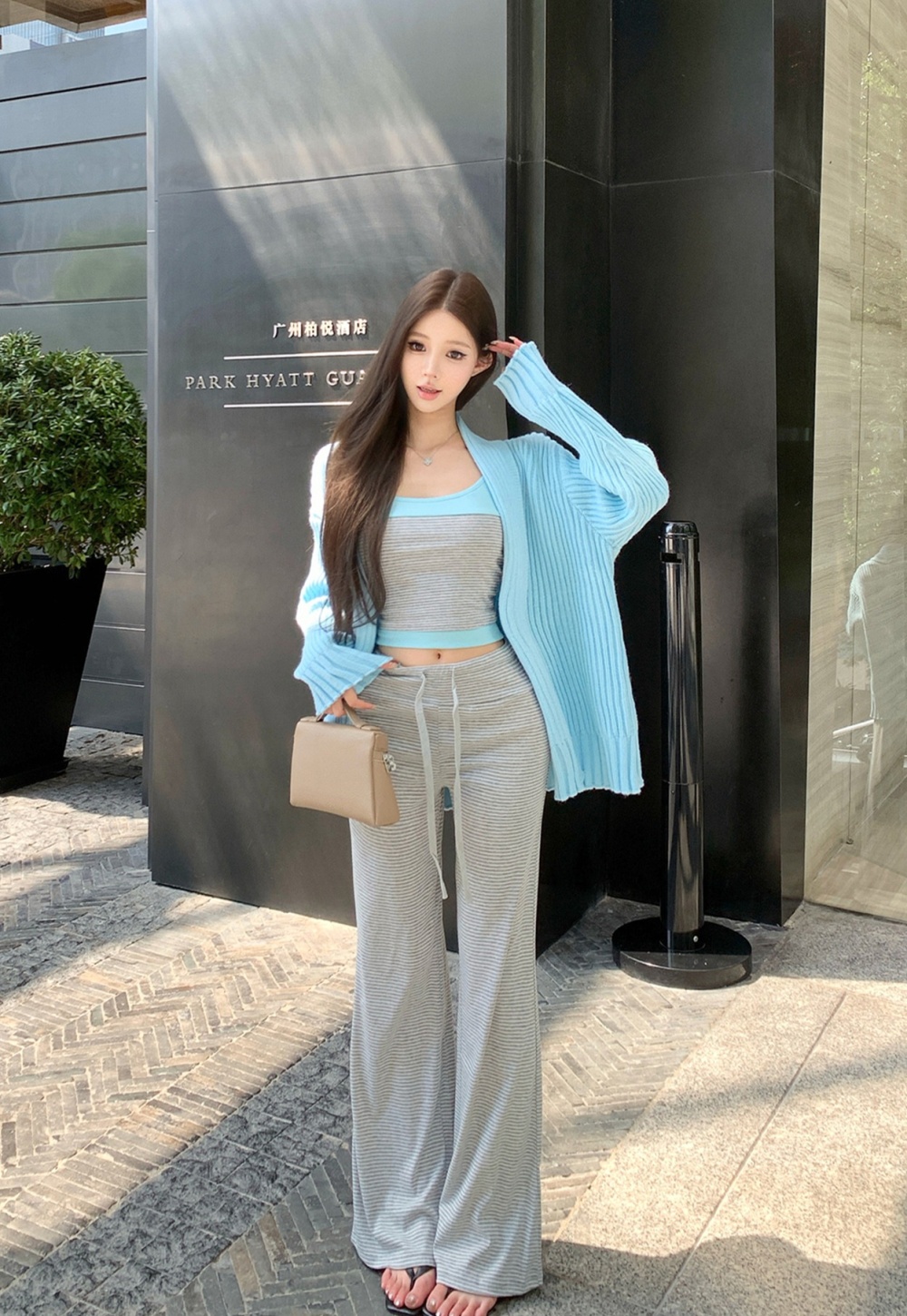 Stripe long pants drape thick coat 3pcs set for women