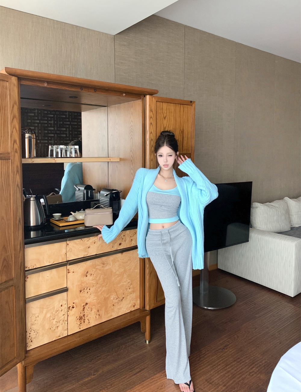 Stripe long pants drape thick coat 3pcs set for women