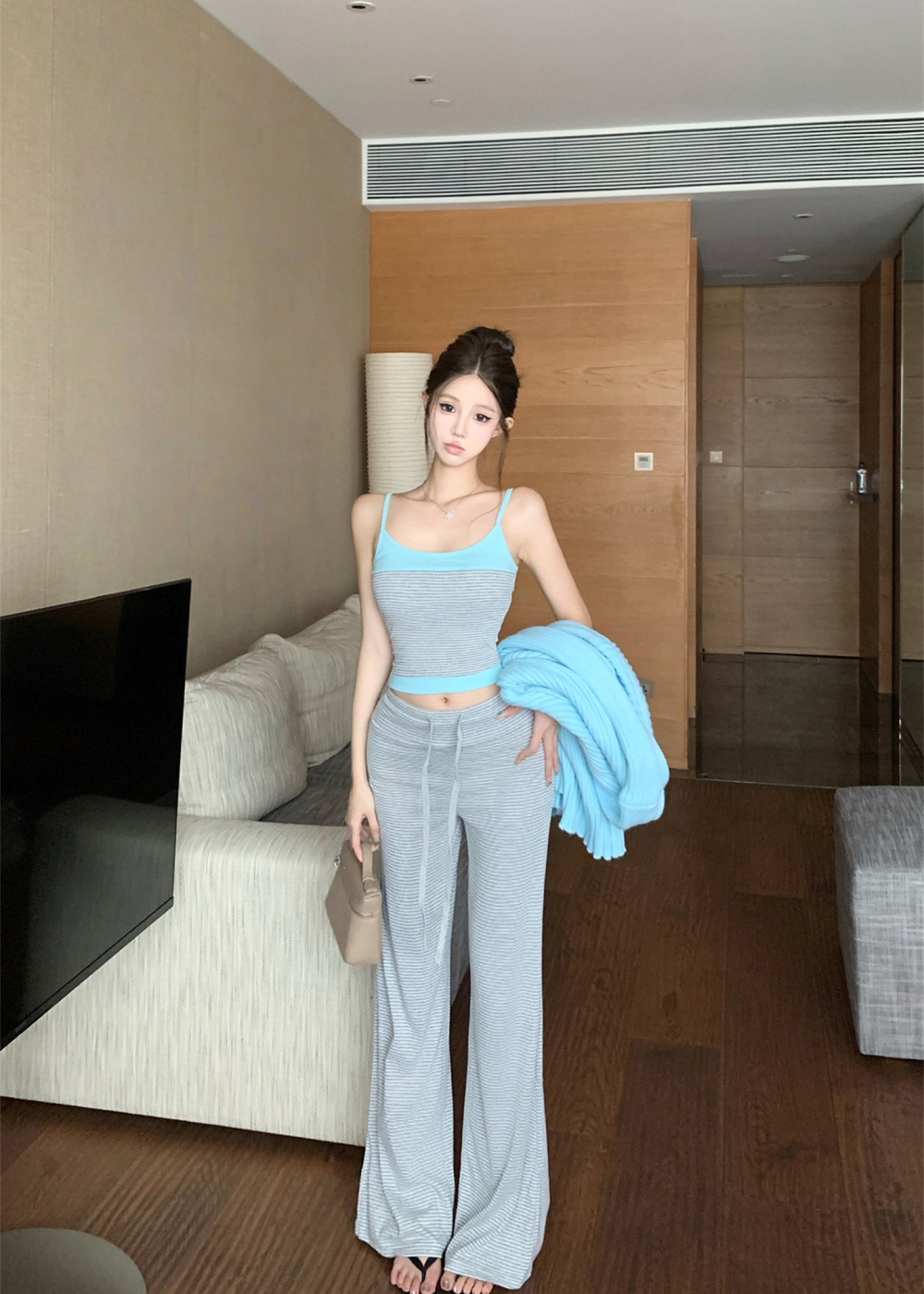 Stripe long pants drape thick coat 3pcs set for women