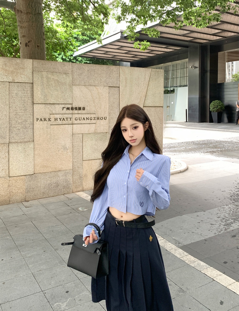 Temperament pleated shirt stripe long skirt 2pcs set