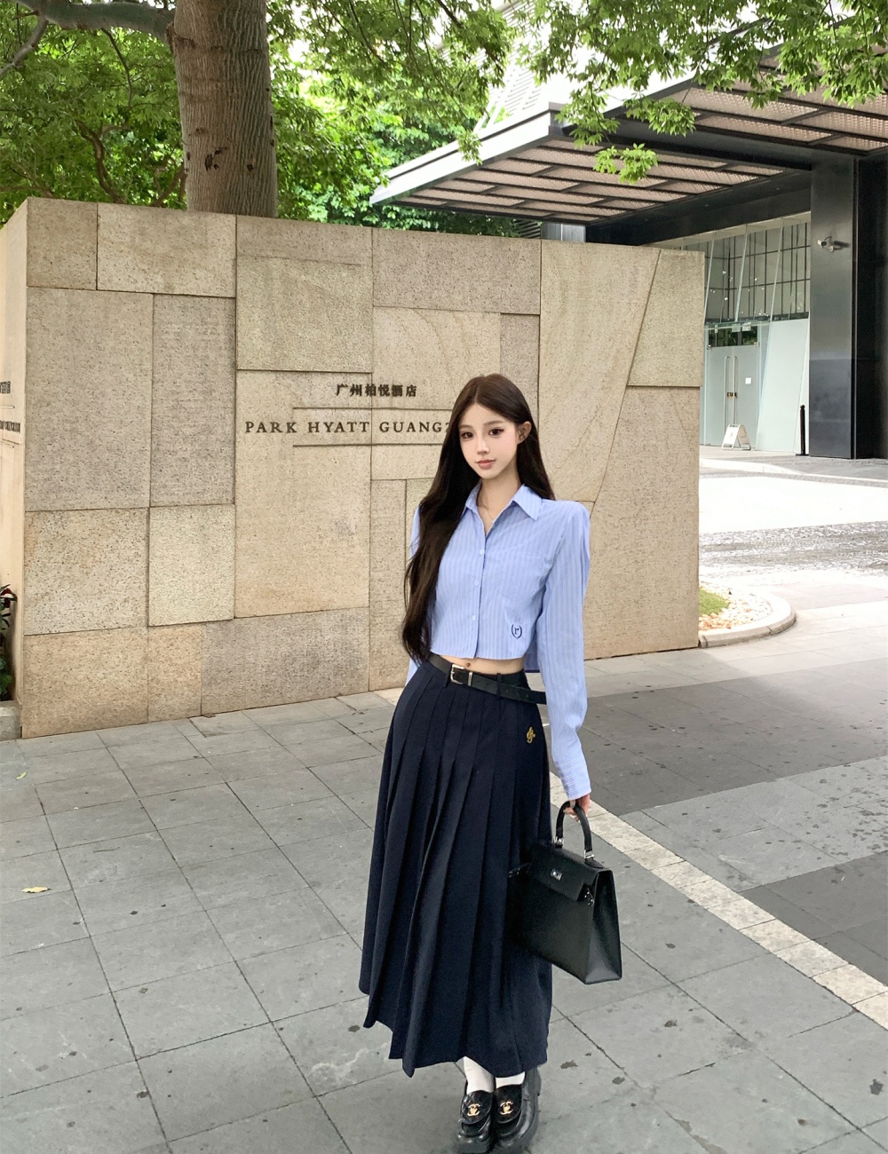 Temperament pleated shirt stripe long skirt 2pcs set