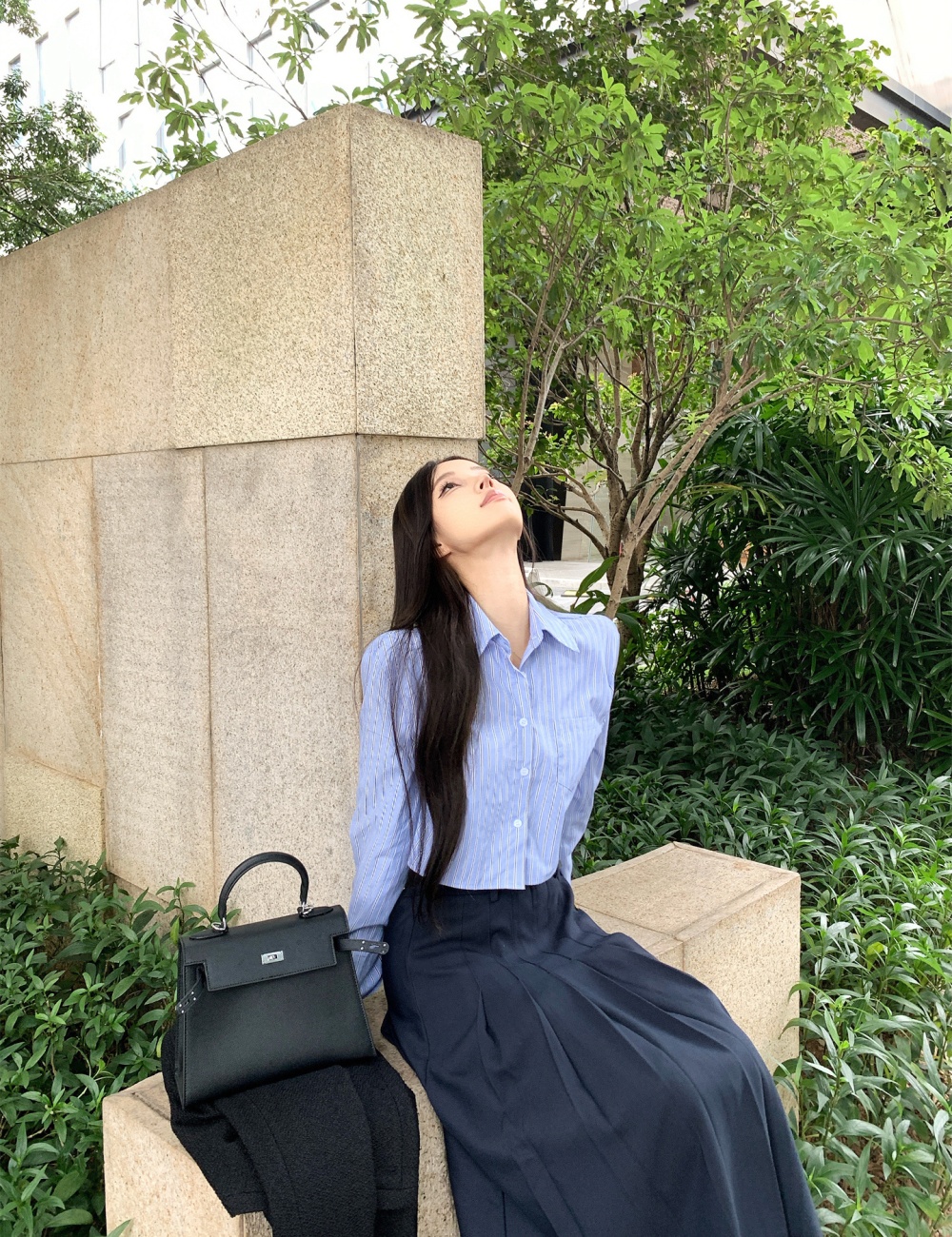 Temperament pleated shirt stripe long skirt 2pcs set