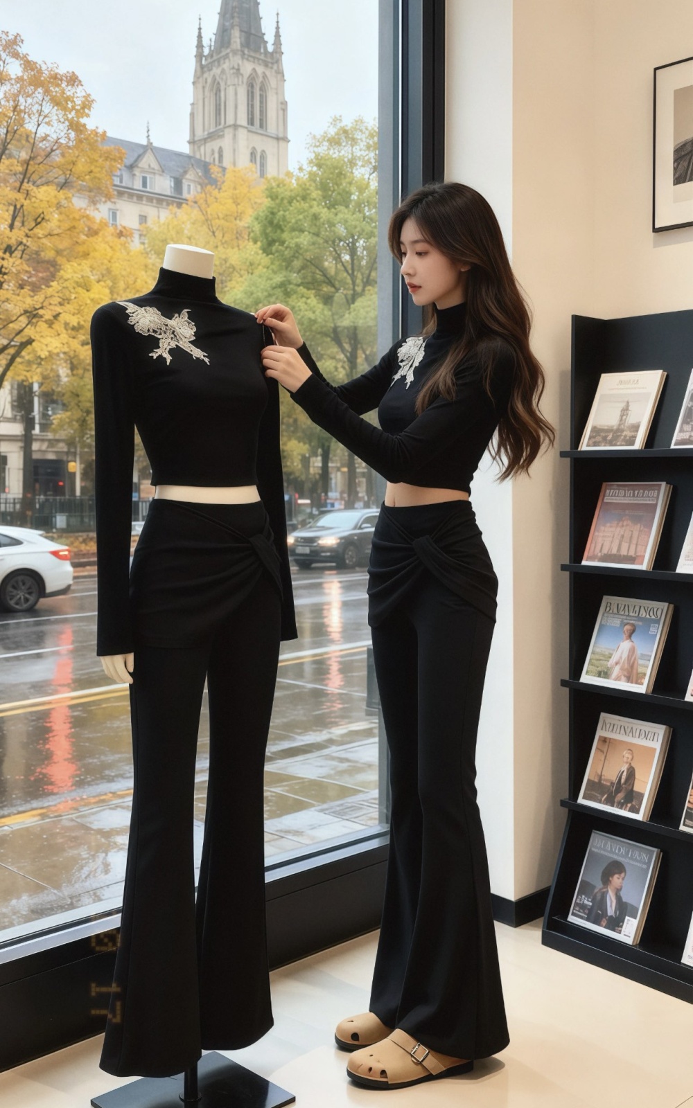 Long sleeve bow T-shirt black pants a set