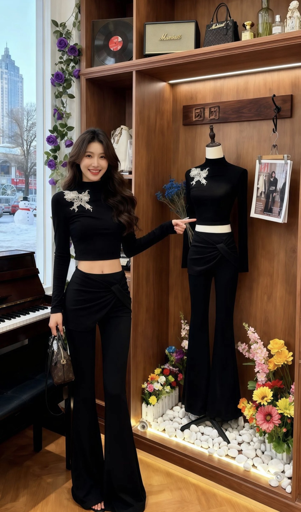 Long sleeve bow T-shirt black pants a set