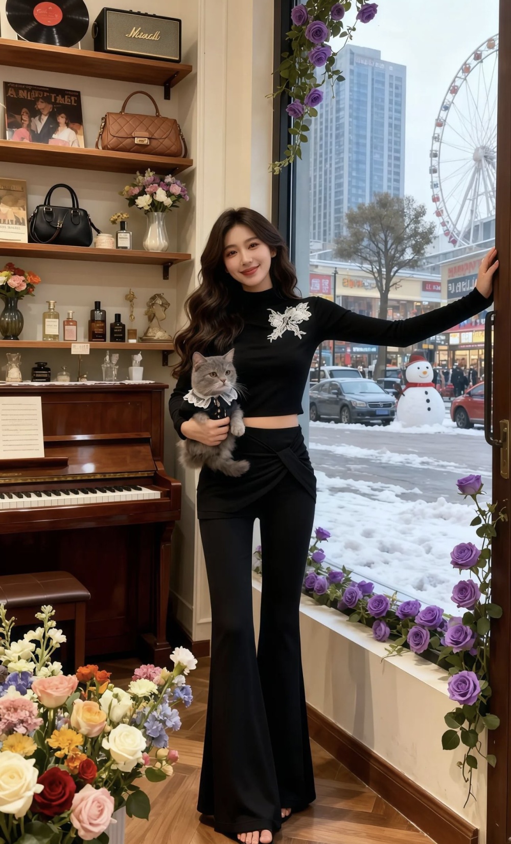 Long sleeve bow T-shirt black pants a set