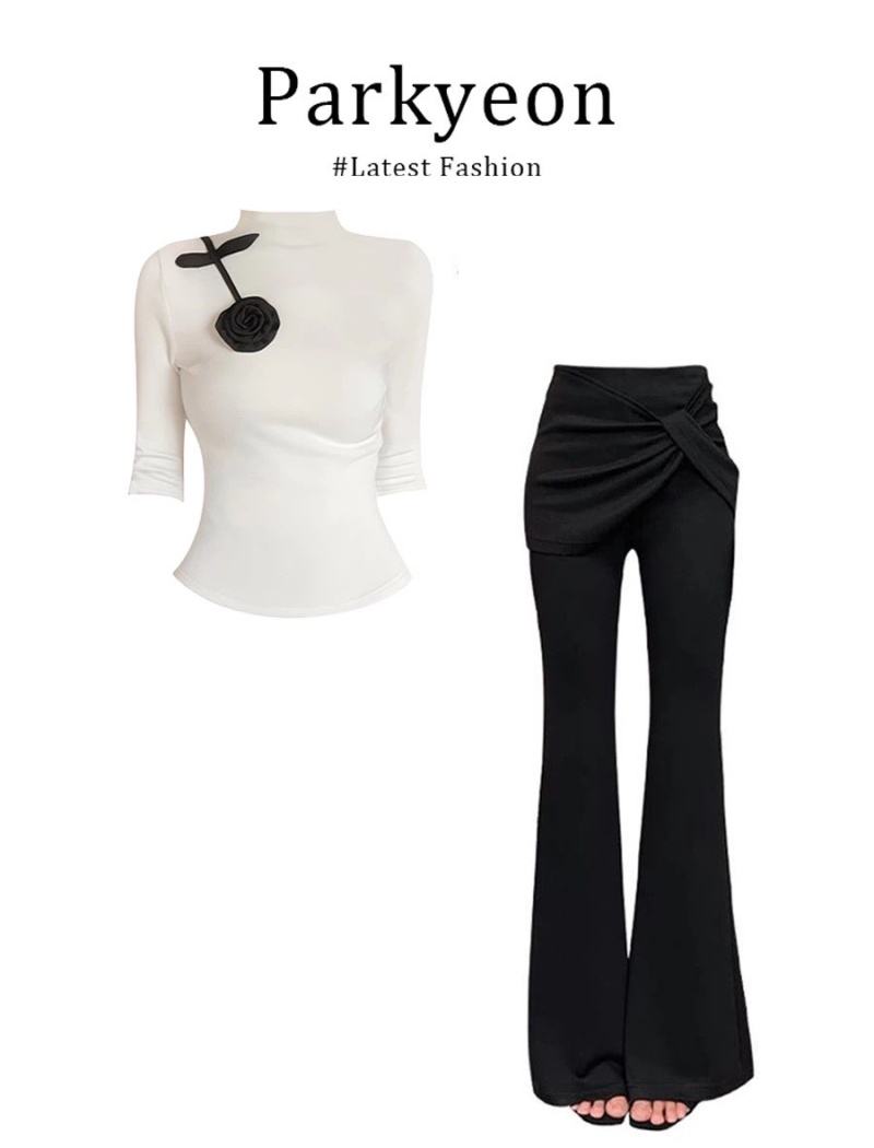 Short sleeve flowers flare pants France style tops a set