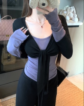 Enticement splice mixed colors Pseudo-two slim tops