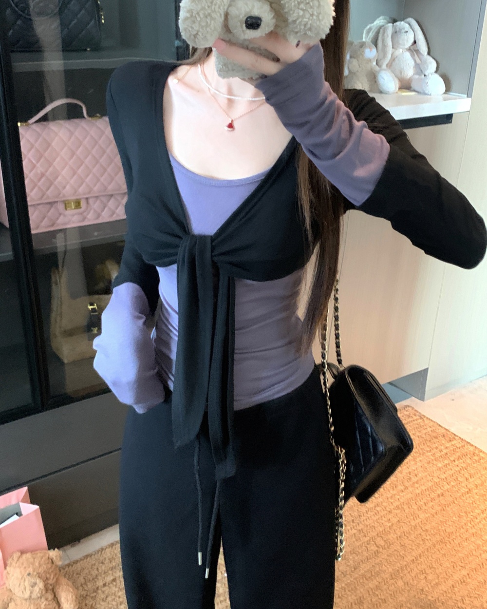 Enticement splice mixed colors Pseudo-two slim tops