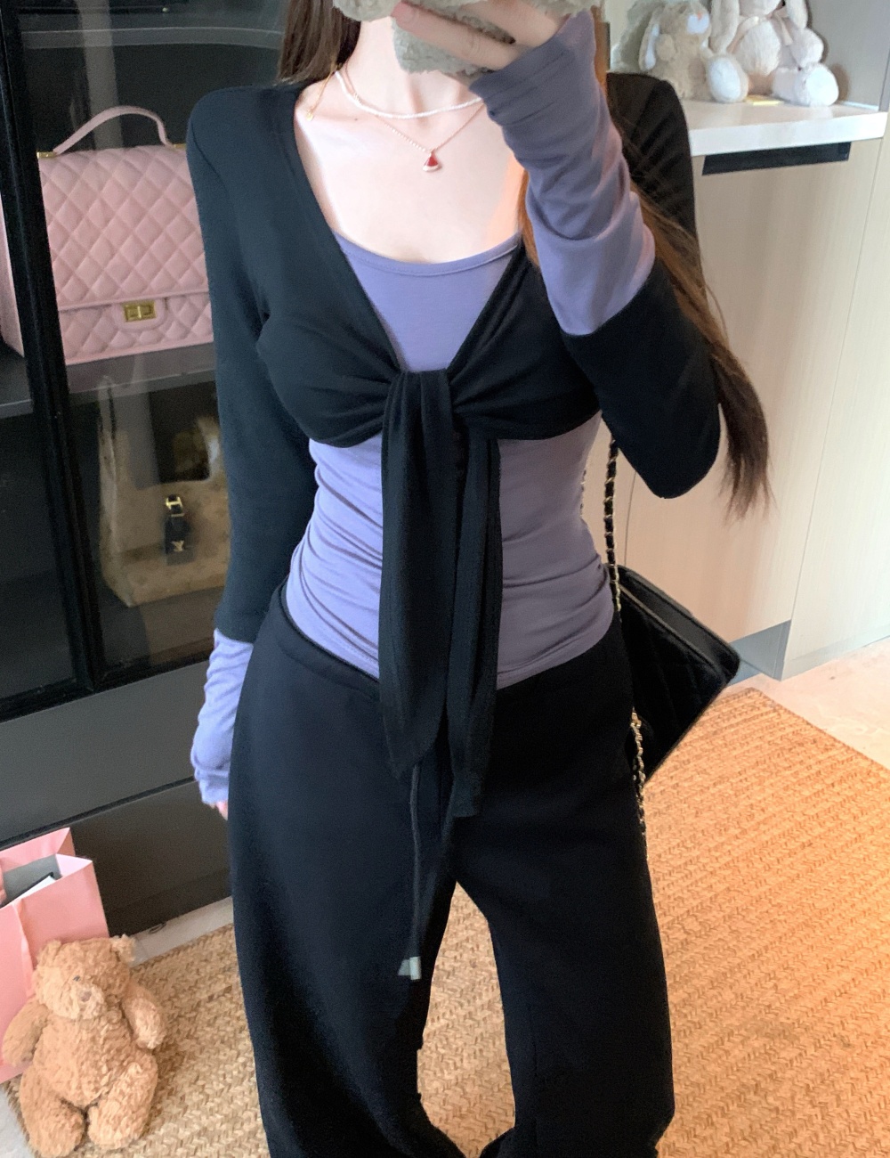 Enticement splice mixed colors Pseudo-two slim tops