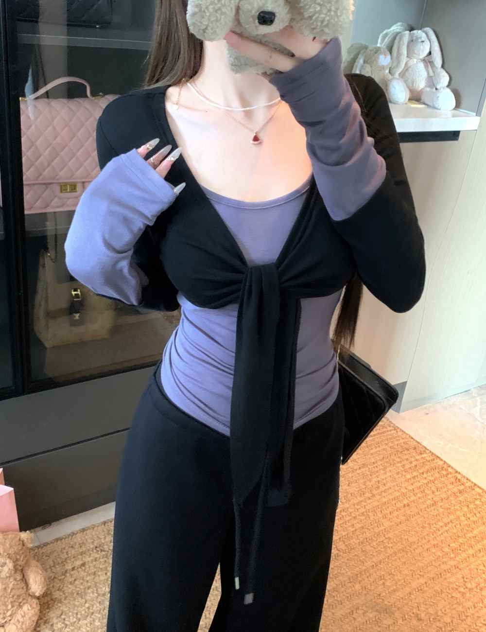 Enticement splice mixed colors Pseudo-two slim tops