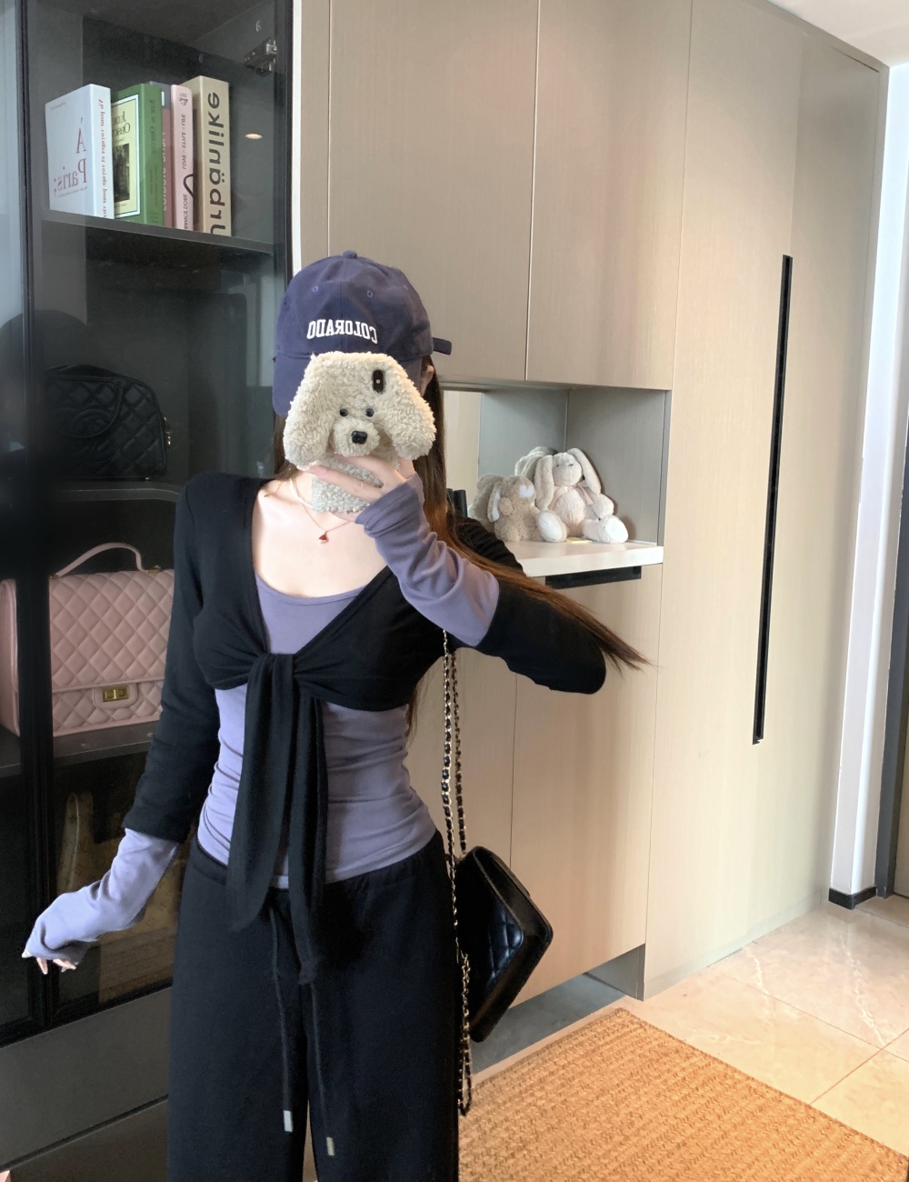 Enticement splice mixed colors Pseudo-two slim tops