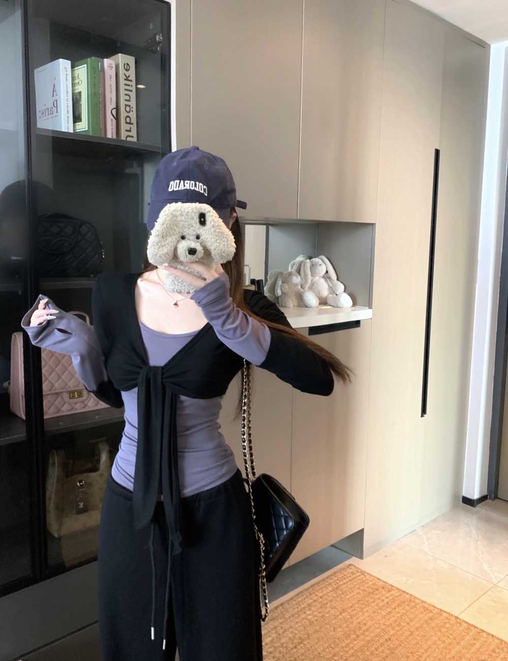 Enticement splice mixed colors Pseudo-two slim tops