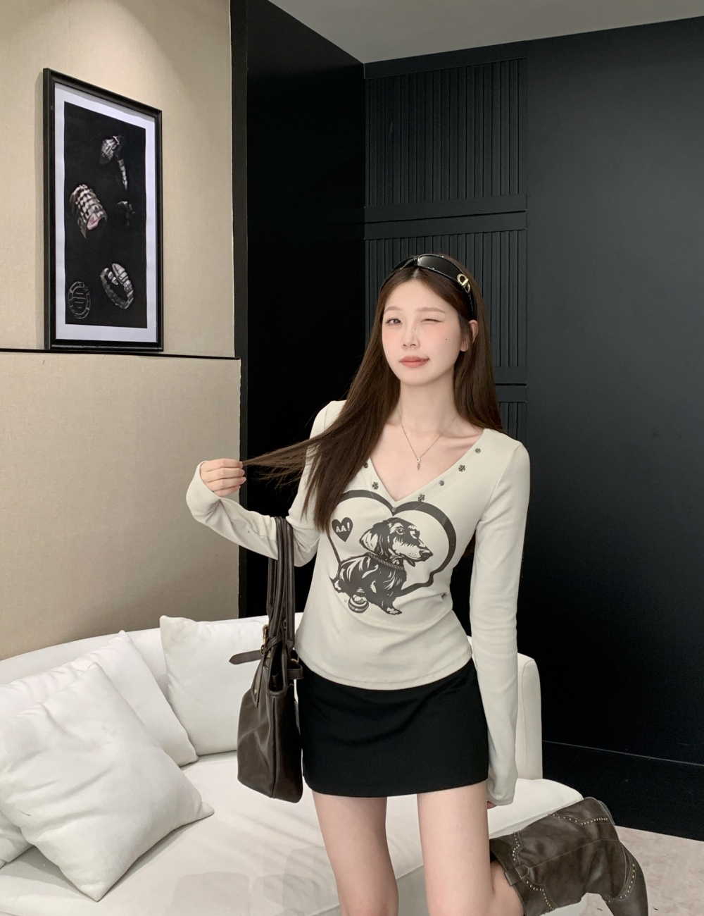 Retro long sleeve T-shirt V-neck large yard bottoming shirt